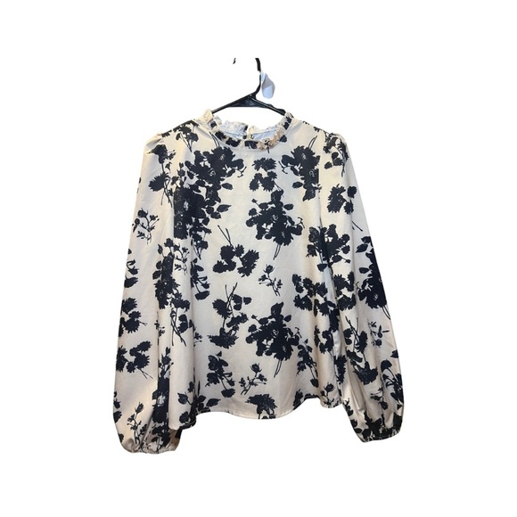 Tops - Black & Cream Floral Balloon Sleeve Blouse (Fits S)